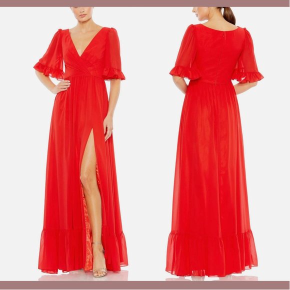 NEW $498 IEENA Mac Duggal [ 16 ] Faux Wrap Ruffle Trim A Line‎ Gown Red - Picture 2 of 15